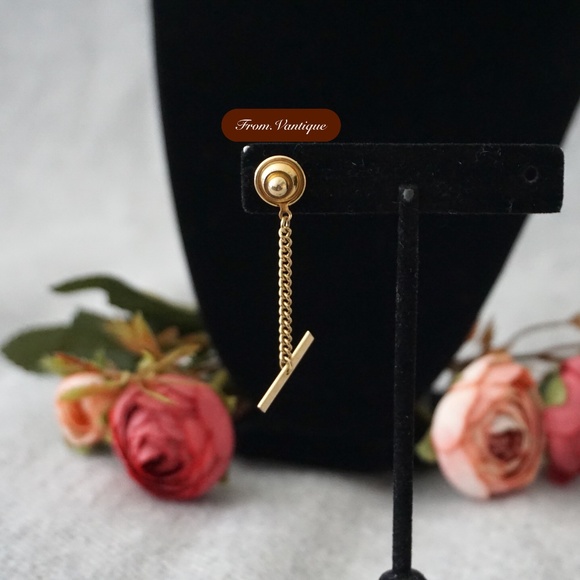 👔 VINTAGE Men Suit Square Green Tile Golden Tie Clip with Chain 🔗 - Picture 3 of 6